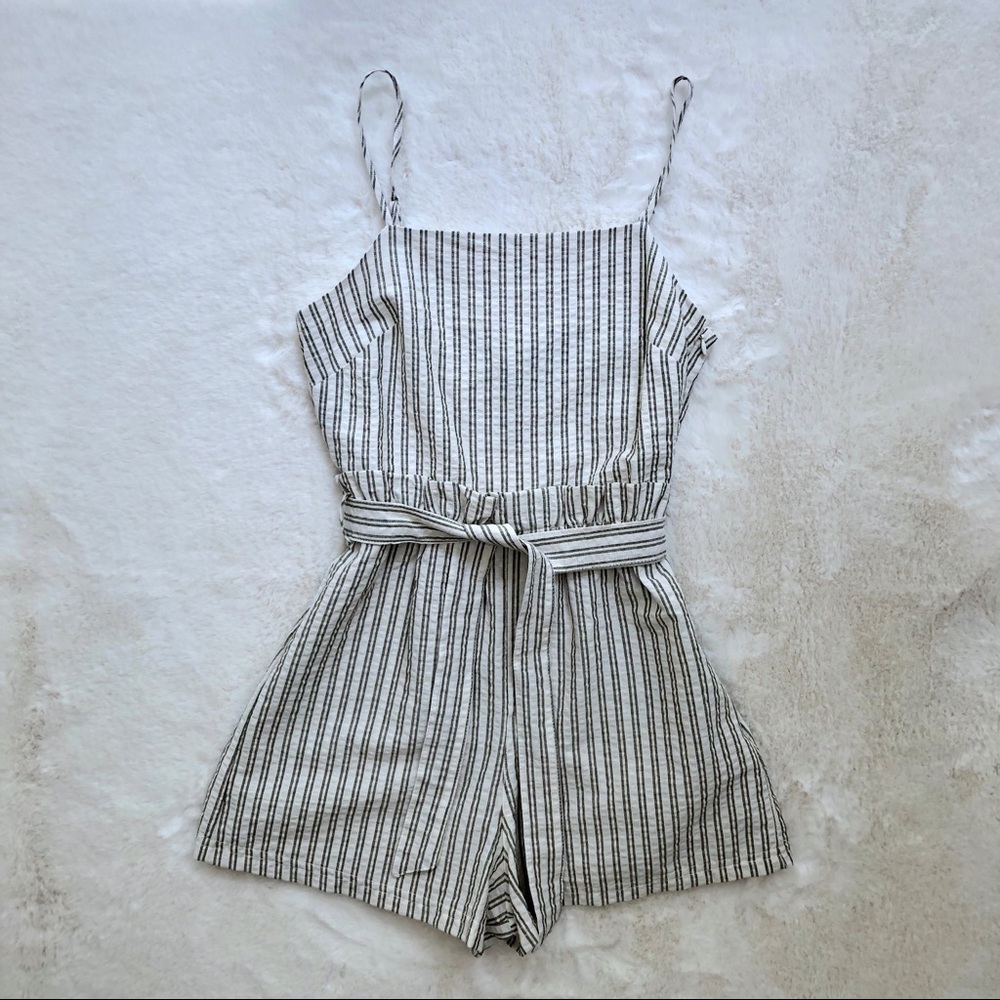 Bershka Cream & Grey Striped Romper